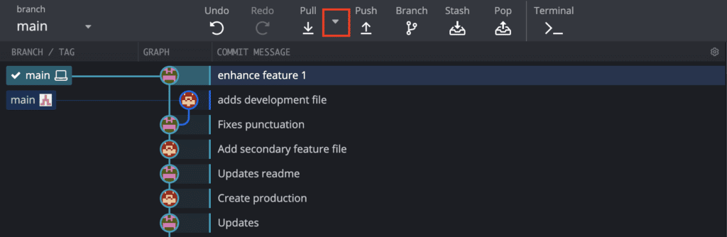 the dropdown arrow next to the Pull option in GitKraken Client