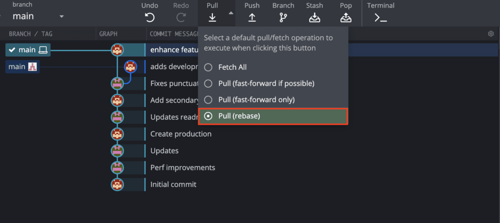 Git Pull (rebase) option from the Pull dropdown menu in GitKraken Client