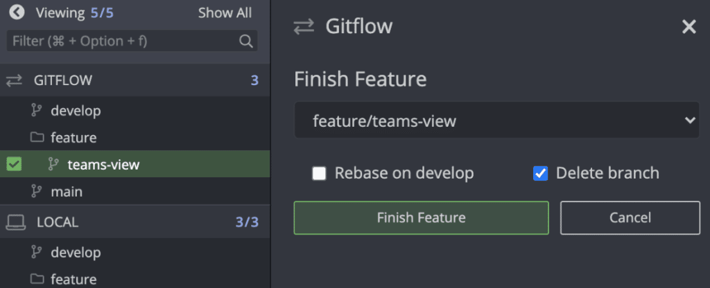 Close a Git flow feature branch in GitKraken Client