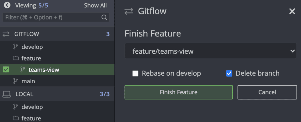 Close a Git flow feature branch in GitKraken Desktop