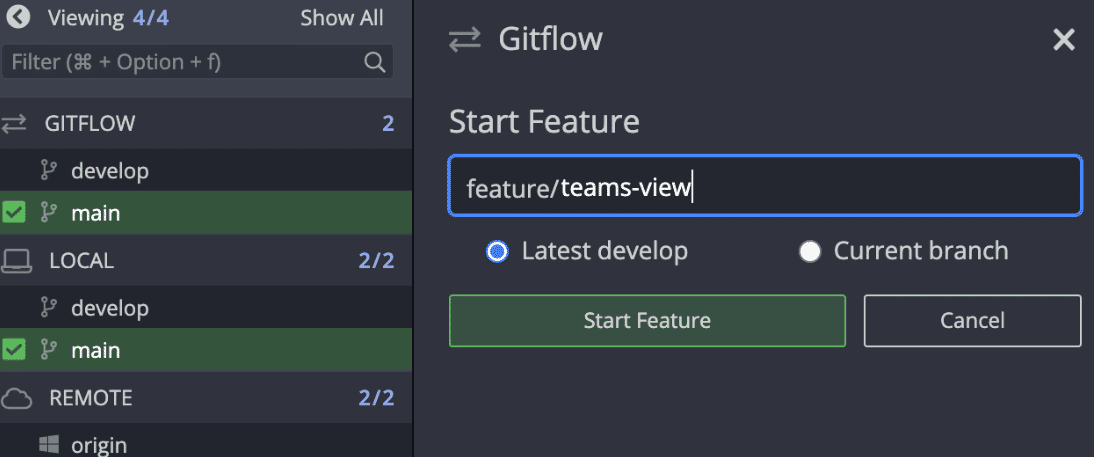 Create a Git flow feature branch in GitKraken Client