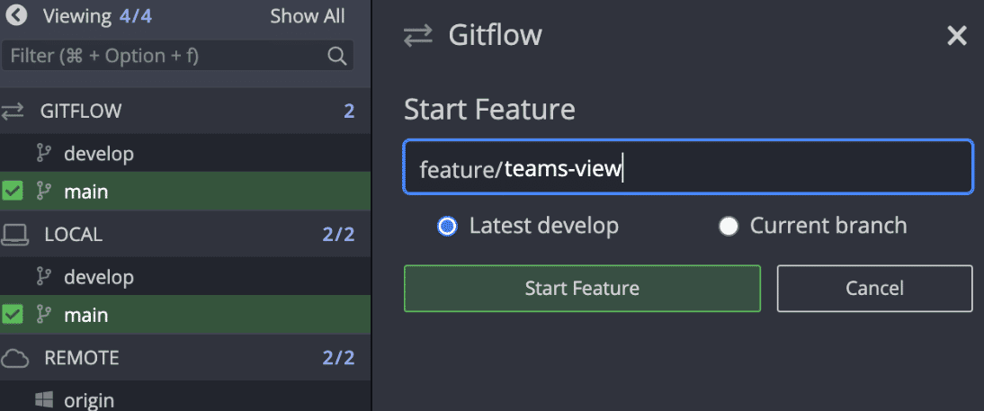 Create a Git flow feature branch in GitKraken Desktop