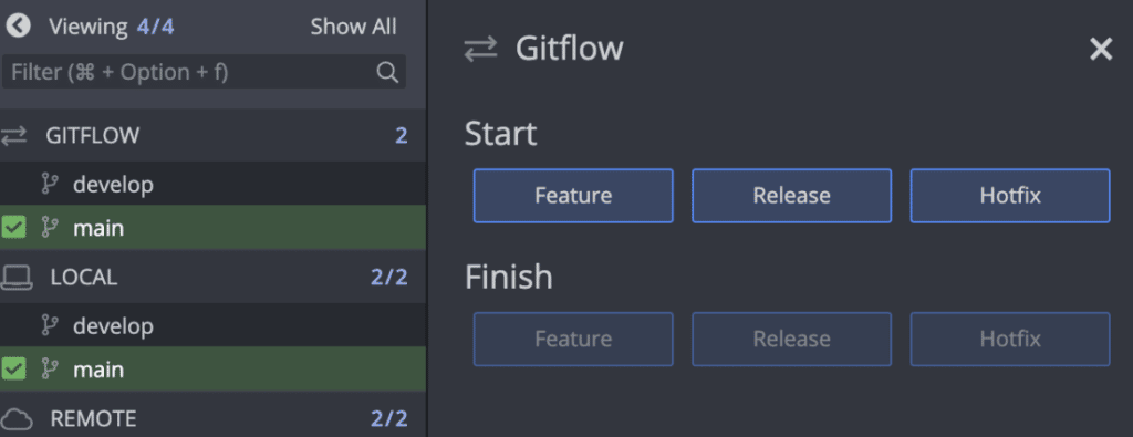 Start and finish Git flow options in GitKraken Desktop