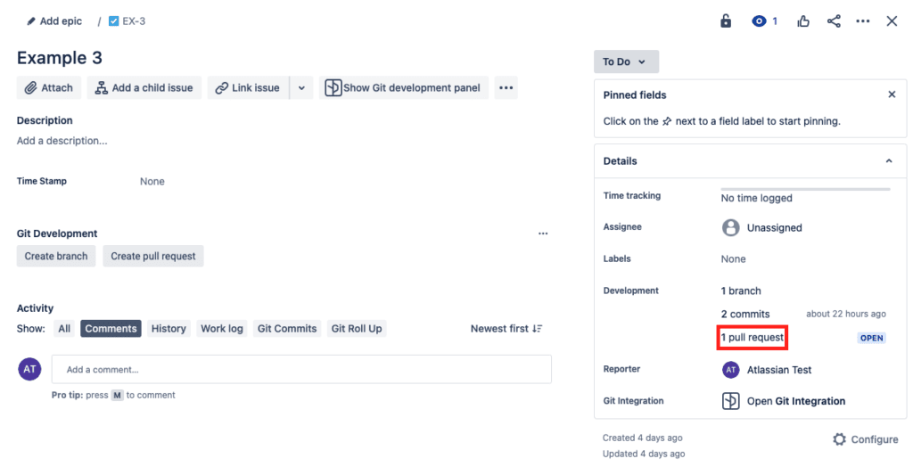 Jira Issue development panel showing that 1 pull request is associated with the issue.
