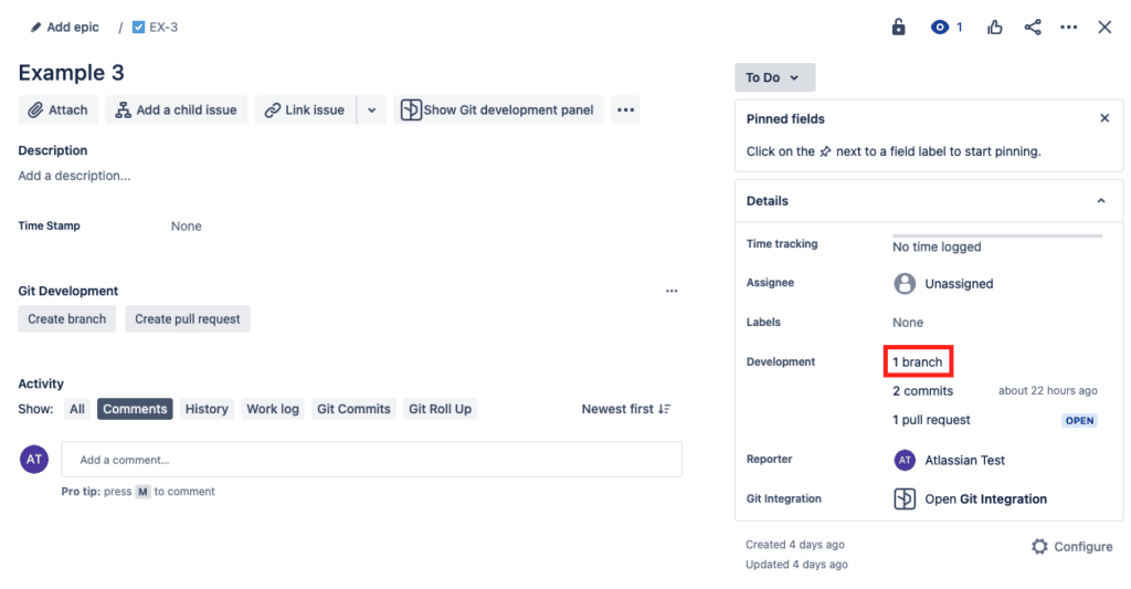 Jira Issue development panel showing that 1 branch is associated with the issue.