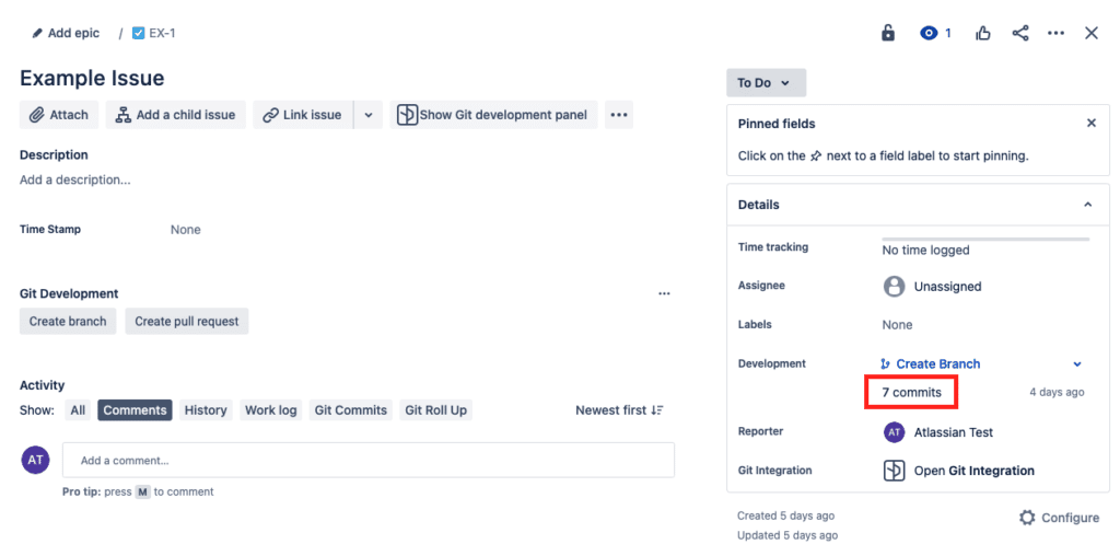 Jira Issue development panel showing that 7 commits are associated with the issue.