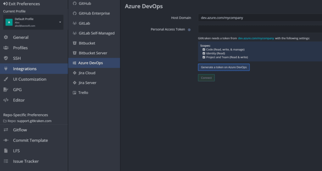 The Azure DevOps integration with GitKraken Client
