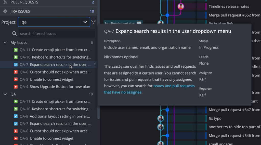 Hover over an issue from the left panel in GitKraken Client to preview the issue details