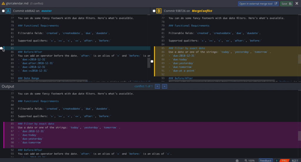 The merge conflict tool in GitKraken Client