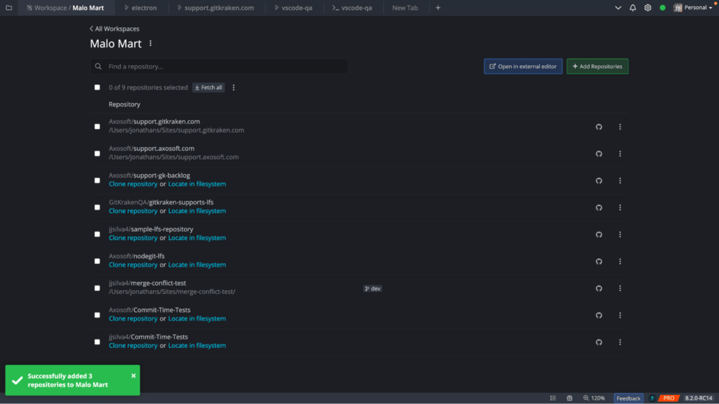 Workspaces in GitKraken Client for managing multiple repositories