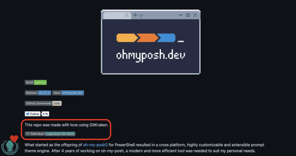 Oh My Posh README file with the text "This repo was made with love using GitKraken".