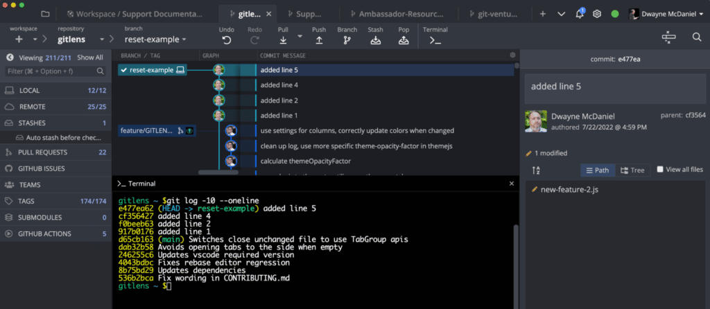 Terminal output of `git log -10 –oneline`, showing she commit messages and the short SHAs for each commit. Using the GitKraken CLI for the terminal.