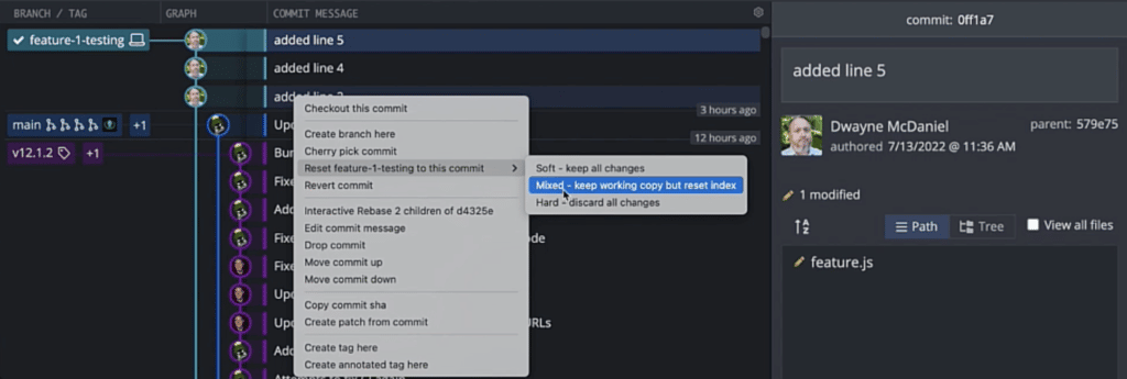 GitKraken Desktop showing the Git Reset menu and selecting the Mixed option.