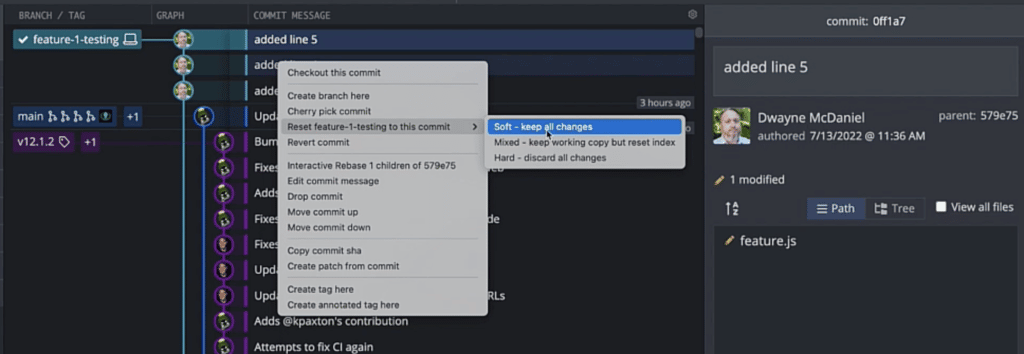 GitKraken Desktop showing the Git Reset menu and selecting the Soft option.