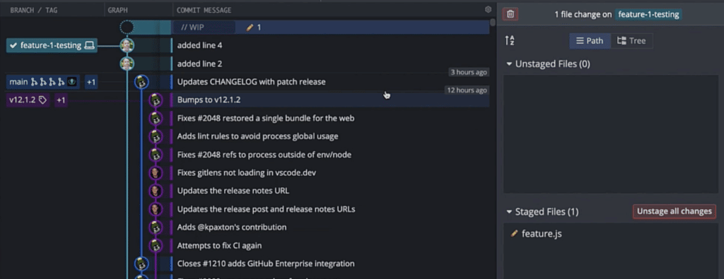 GitKraken Client showing a staged file after a Git reset soft.