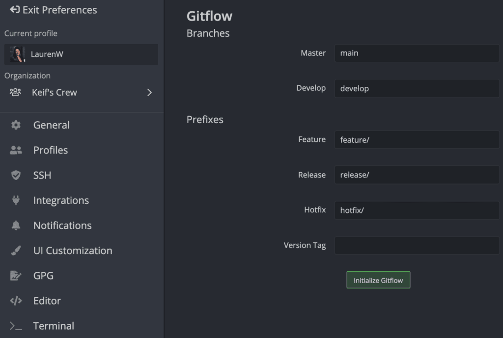 Gitflow settings in GitKraken Client