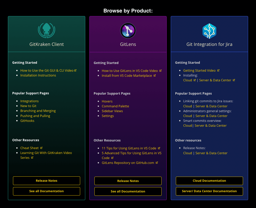 GitKraken Help Center home page showing navigation for GitKraken support resources for 3 products