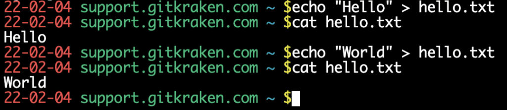 Overwriting a file with echo "world" > hello.txt and showing the contents as world.