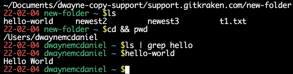 Running hello-world from the terminal.