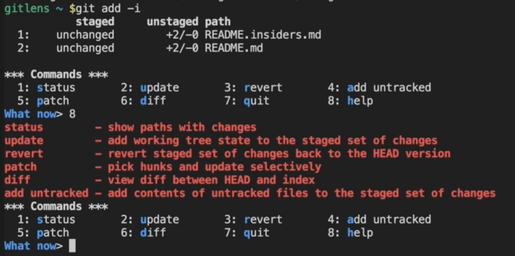 The git add –interactive help menu.