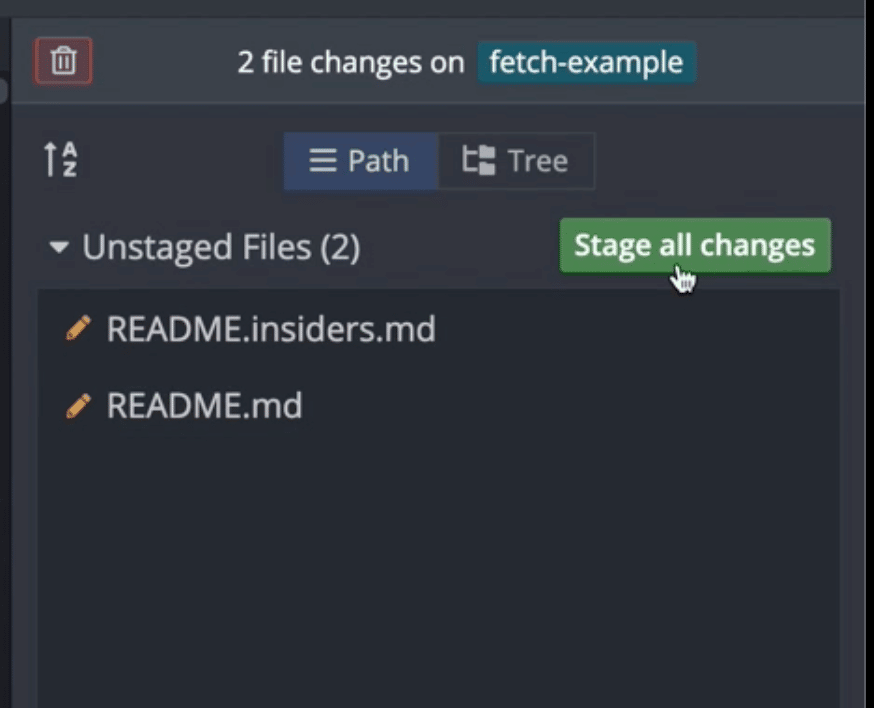 The mouse hovering over the “Stage all changes” button in GitKraken Client.