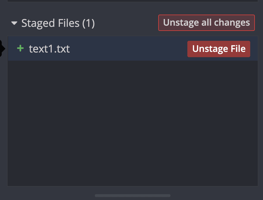 The Unstage file button for a single file called text1.txt in GitKraken Desktop.