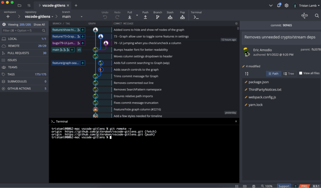 The output of the git remote -v command, showing 3 remotes for the GitLens repo.