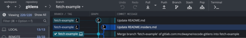 GitKraken Desktop showing 2 remote branches ahead of the currently checked out branch fetch-example in the commit graph.