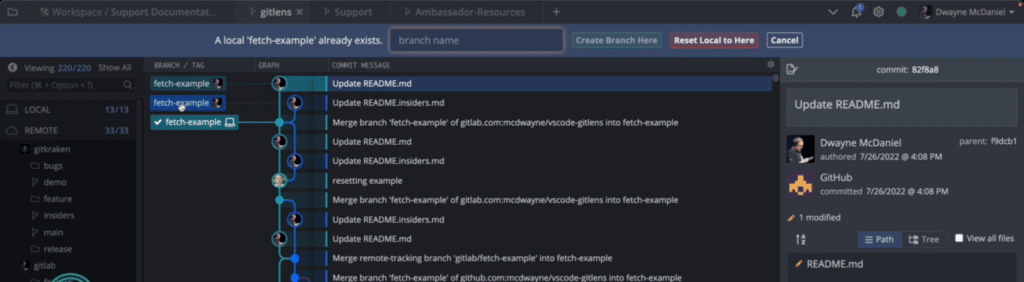 Git fetch reset local to here using GitKraken Desktop