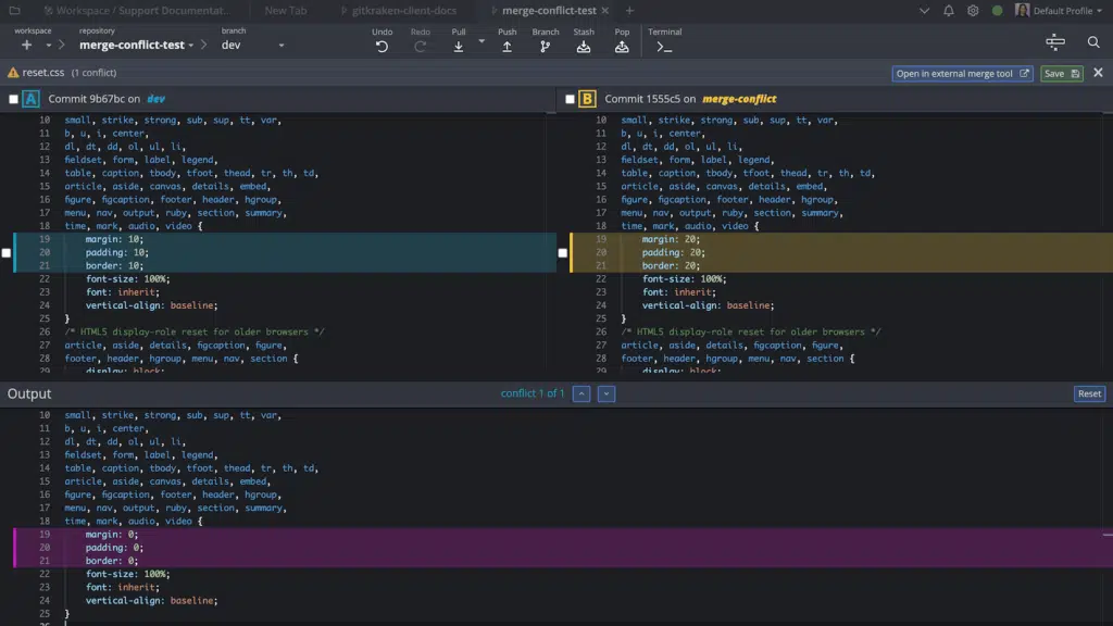 screenshot of a merge conflict from GitKraken official website