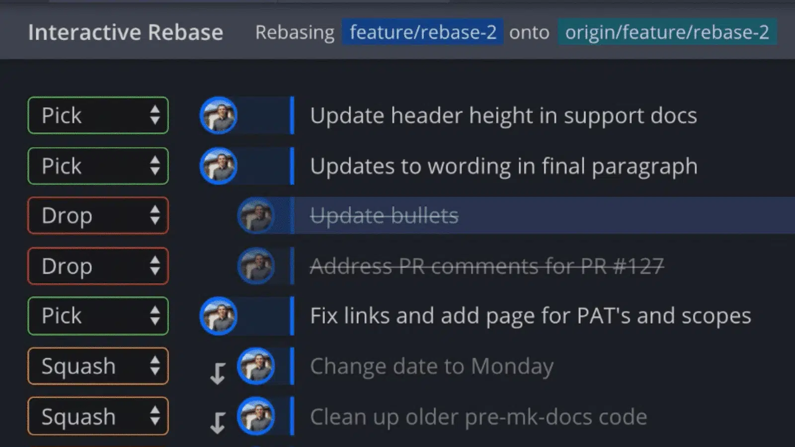 screenshot of an interactive rebase between conflicting branches using GitKraken from GitKraken official website