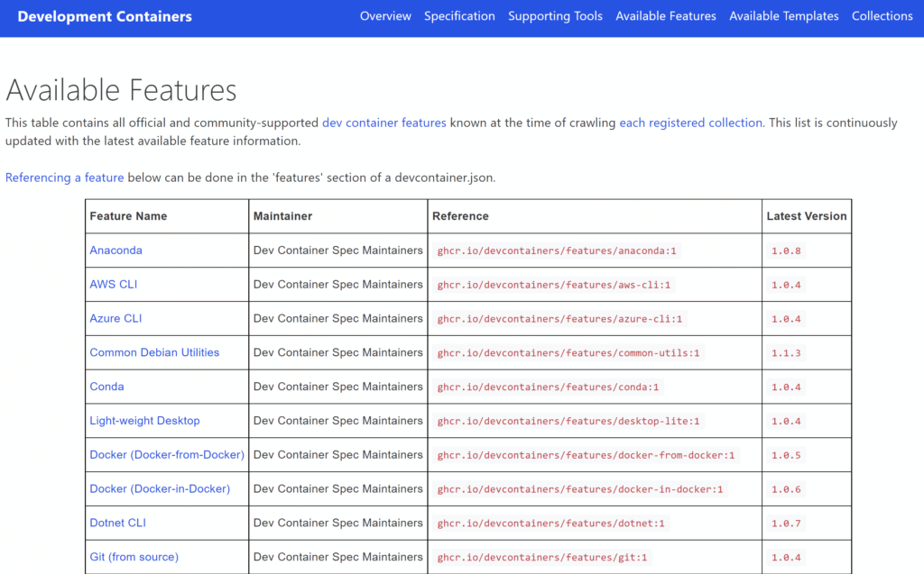 Development containers features