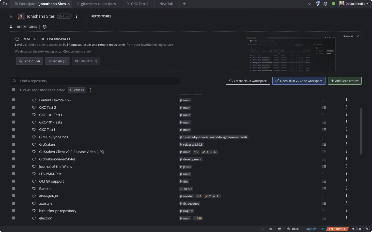 screenshot of a repo list from GitKraken official website
