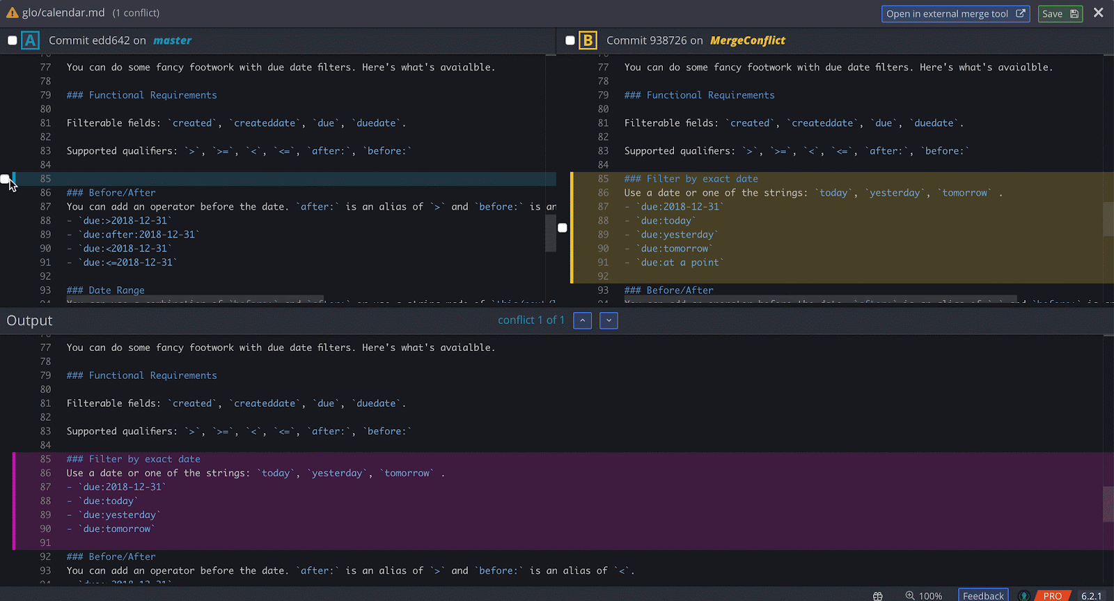 The built-in merge conflict editor in GitKraken Client