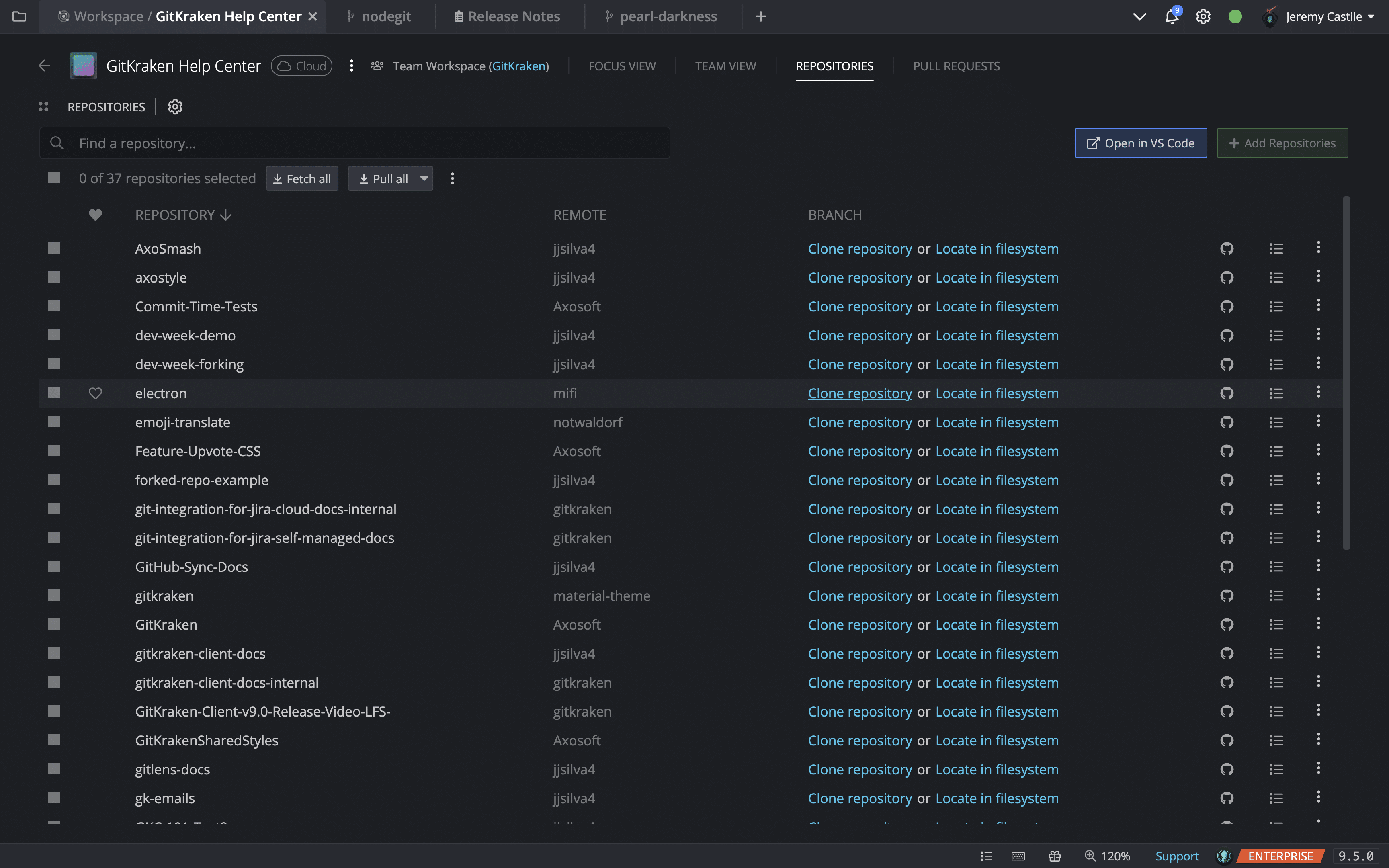 GitKraken Workspaces - showing all the added repos