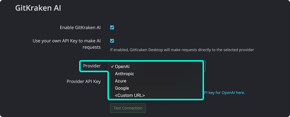 A snapshot of GitKraken AI settings, with the Provider menu expanded to show options for OpenAI, Anthropic, Google, and a Custom URL