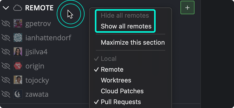Shows a mouse right-clicking the remotes pane to access a context menu. The options for "Hide all remotes" and "Show all remotes" are highlighted