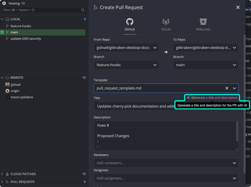 Shows the pull request creation form in GitKraken Desktop with a the text "Generate title and description" highlighted.