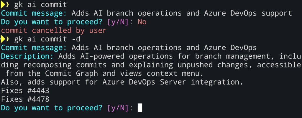 The AI commit command run against a recent set of changes to GitLens.