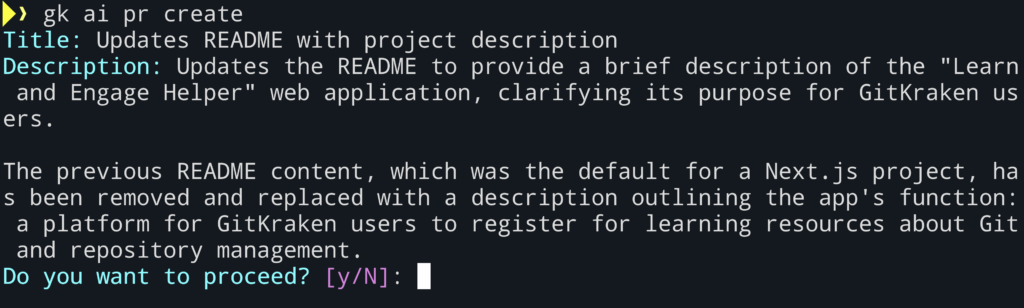 A screenshot of the output from running the pr command on a README change to an internal project.