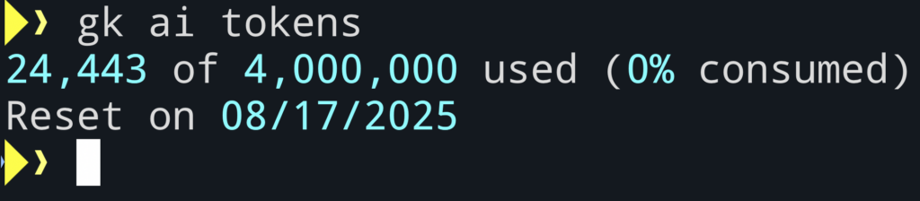 The output of the gk ai tokens command.