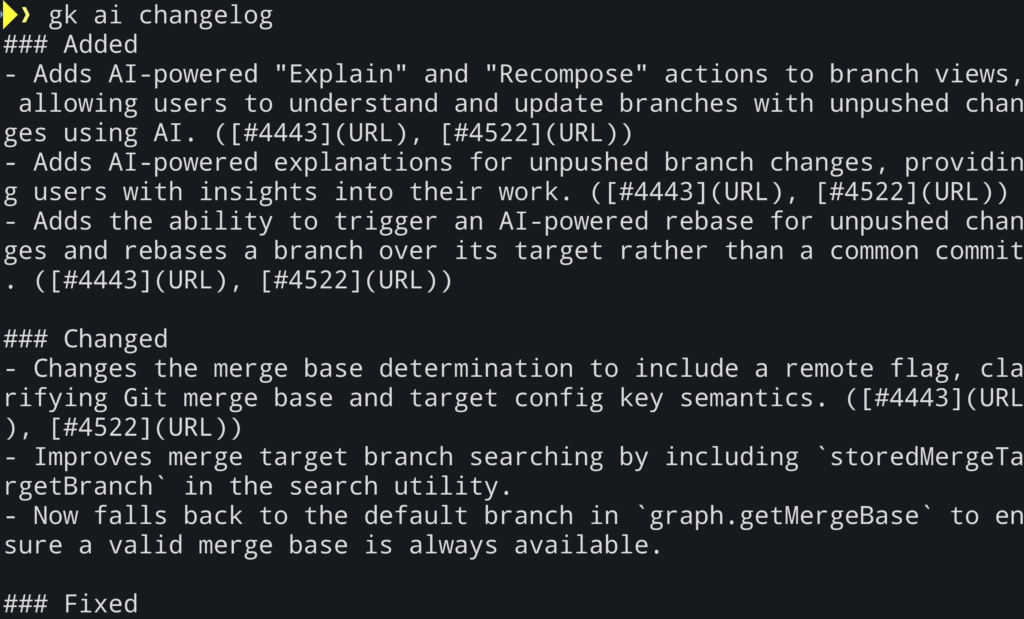 The output of a changelog command when run against a current GitLens PR.