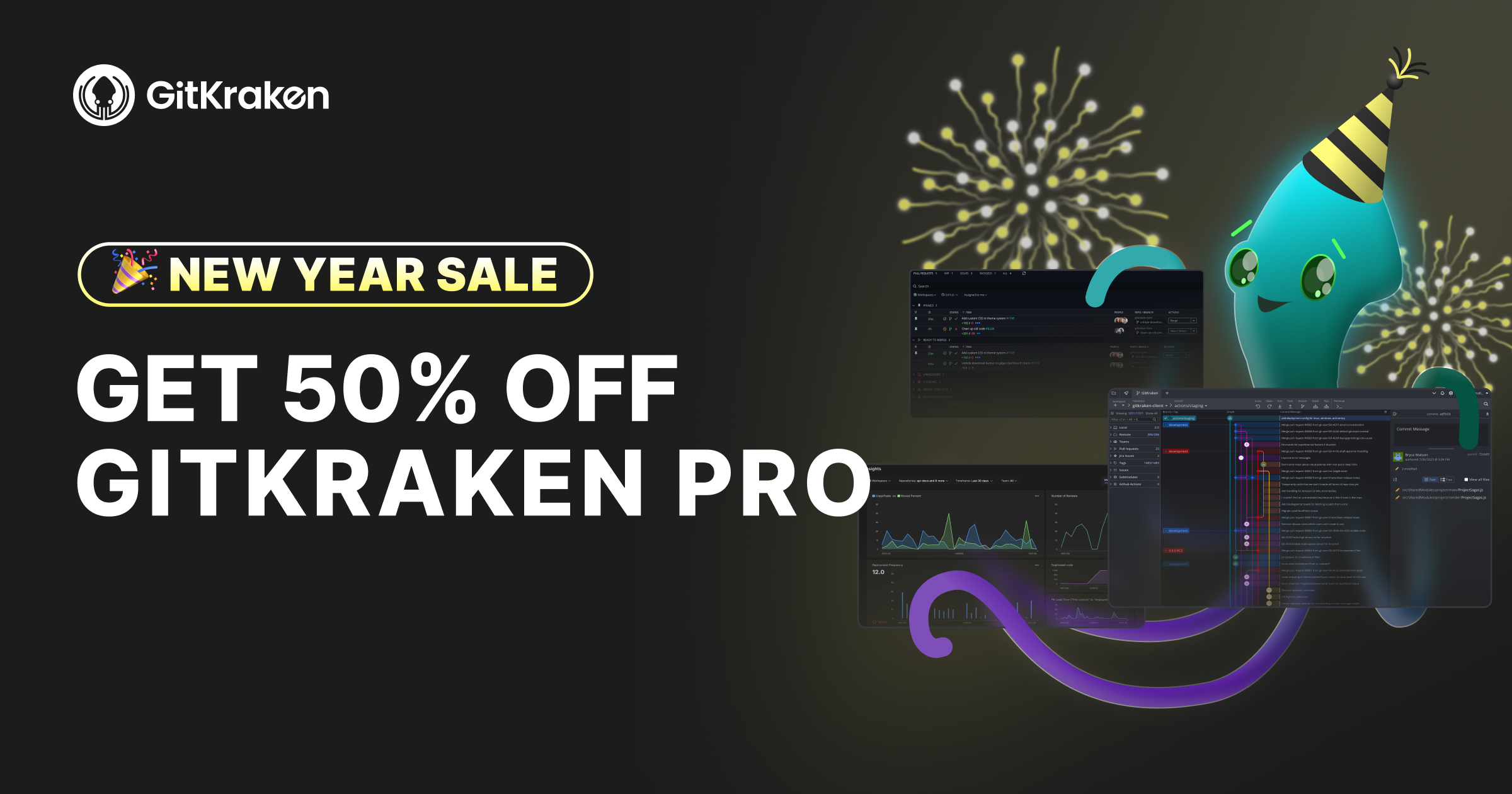 A cheerful GitKraken mascot wearing a party hat celebrates in front of three overlapping GitKraken Desktop UI windows showing repository insights, commit graph, and pull request details, surrounded by festive fireworks.