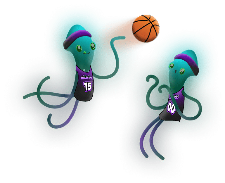 Two playful smiling Keif Krakens wearing jerseys and playing basketball.