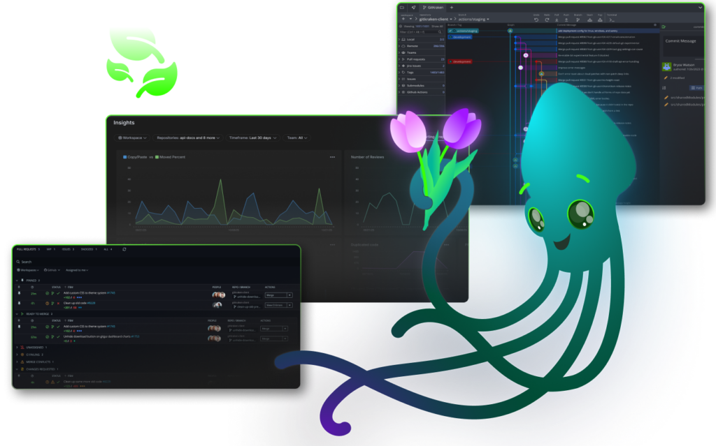 spring promotion for gitkraken pro. Squid mascot in front of various data screens