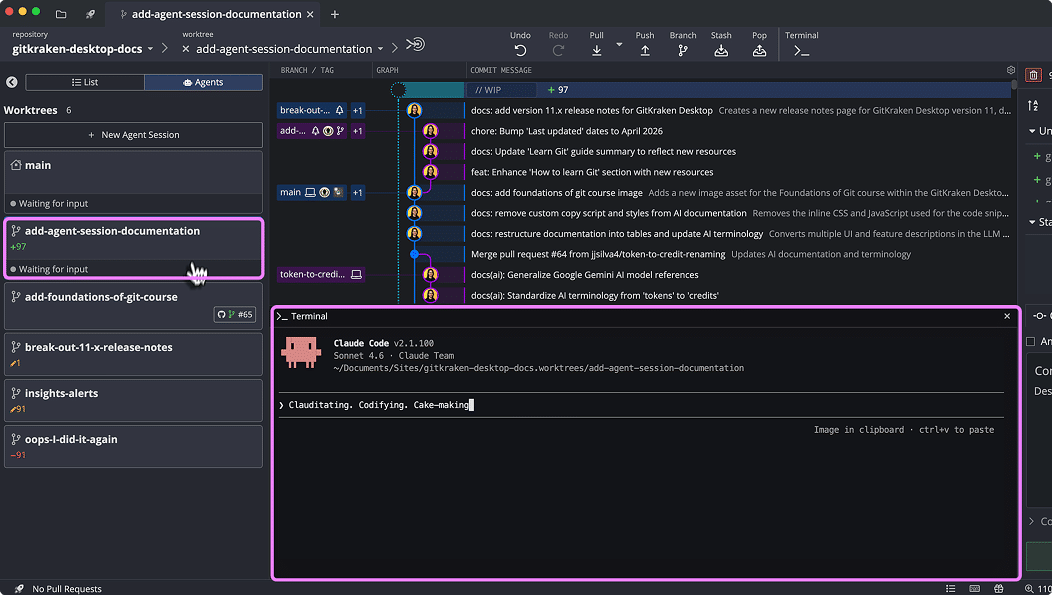 GitKraken Desktop 12.0 Agent Mode. All your parallel sessions. One panel.